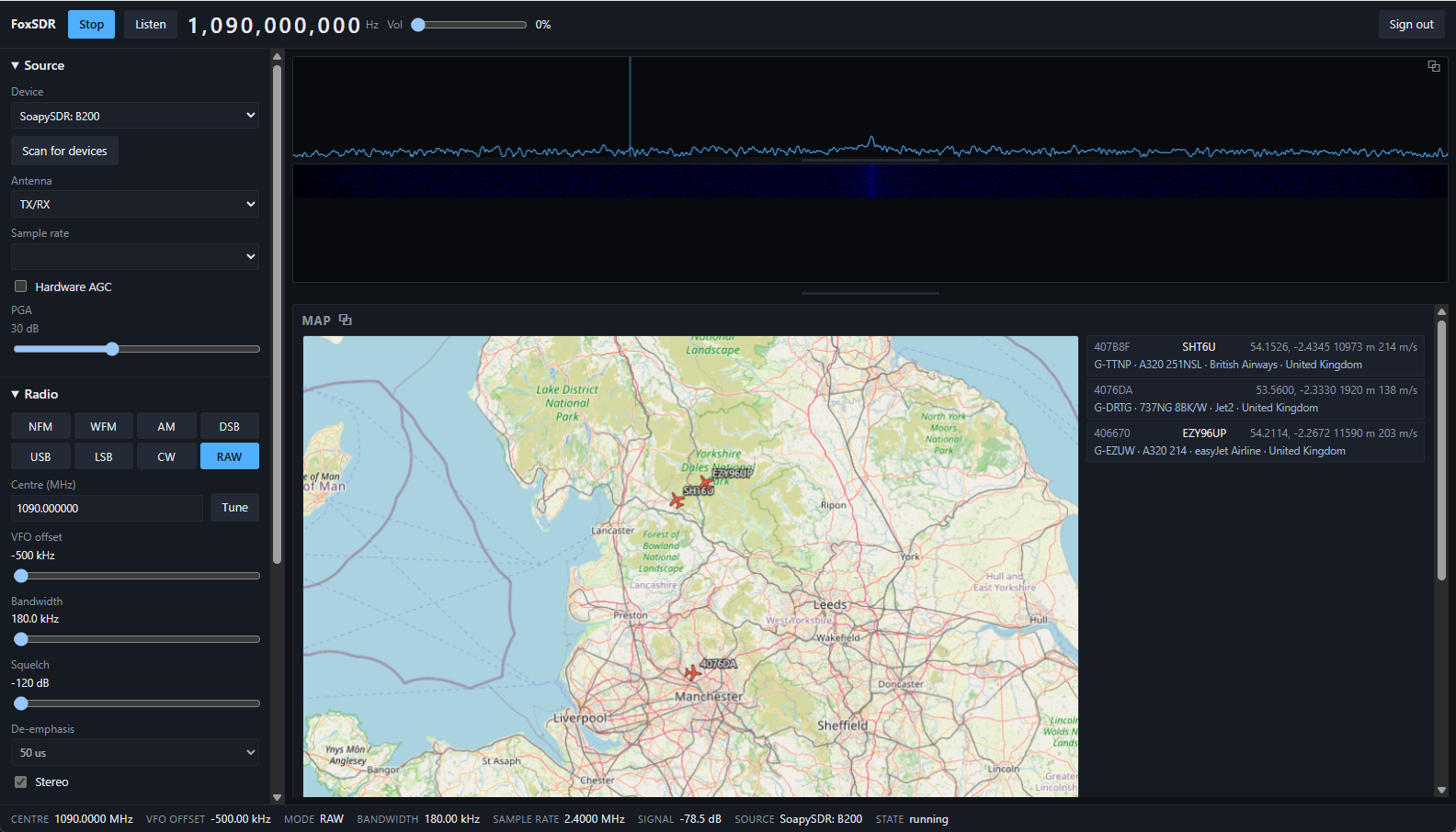 The FoxSDR interface in a web browser: source and radio controls down the left, spectrum and waterfall across the top, and a map of decoded aircraft over northern England listed with their registrations, types and operators.